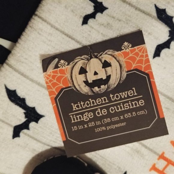 Happy Haunting Halloween Pumpkins bats Oven Mitt Dish Towel Kitchen decor 2p Set - Picture 10 of 10